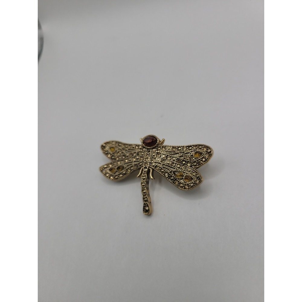 Vintage Monet Dragonfly Brooch Gold Tone Amber Rhinestone Insect Figural Pin Sig - Picture 4 of 12